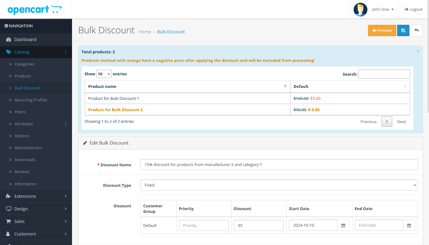 OpenCart 3 Bulk Discount - Preview